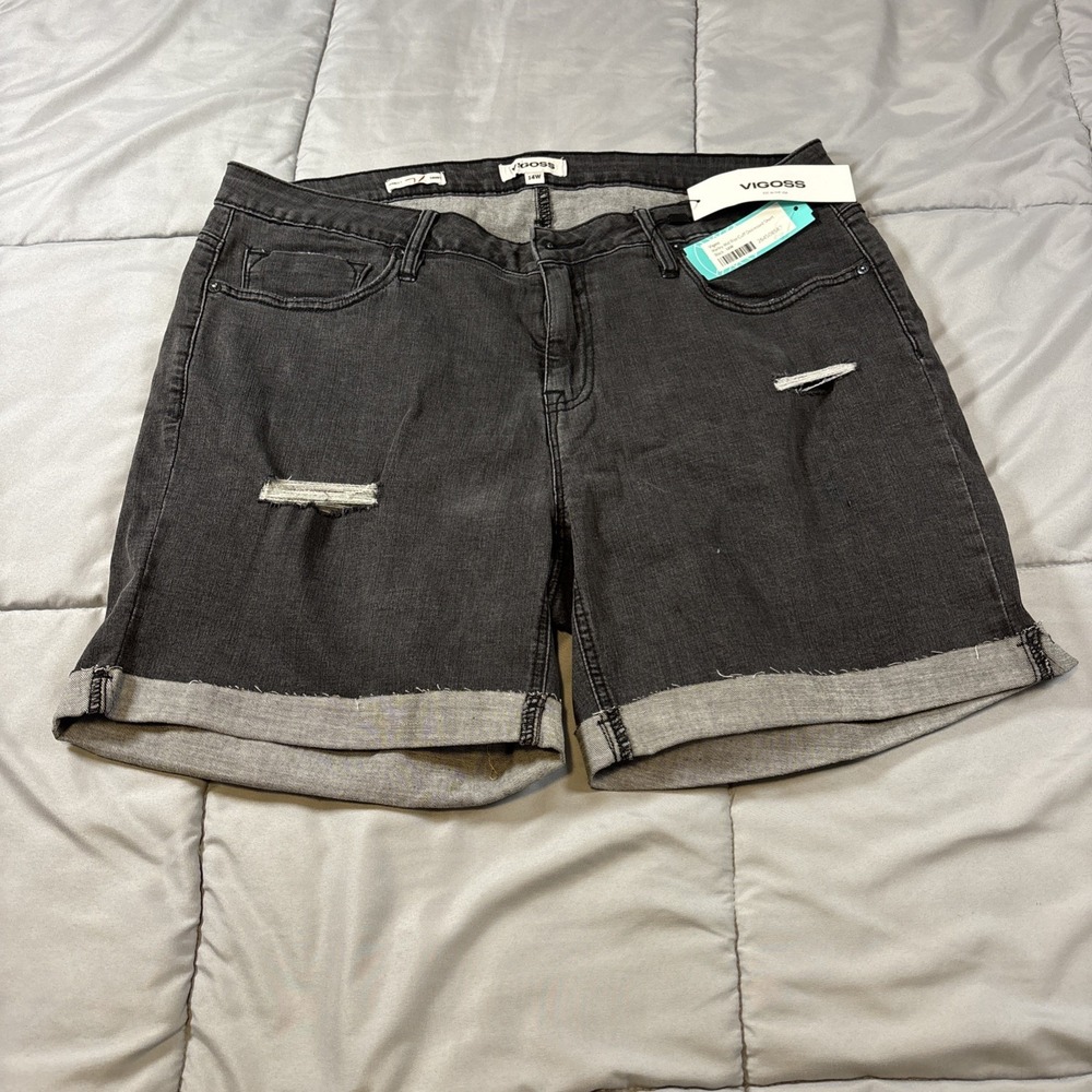VIGOSS Womens Marley Cuffed Denim Shorts 14W Washed Black Mid Rise Raw Edge NWT